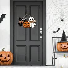 1Pc Halloween Door Decor Wooden Hanging Plaque Sign Pumpkin Ghost Boo Black Cat Welcome Sign For Trick Or Treat Party Indoor Outdoor Porch Wall, Halloween Home Wall Art Decorations For Halloween Farmhouse Kitchen Home Office