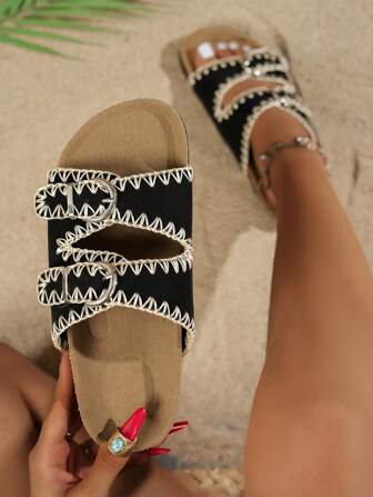 Sandalias de mujer de verano nuevas de color negro con doble hebilla, con pespunte de contraste, suela de corcho suave, adecuadas para la playa, uso diario, casual al aire libre, estilo bohemio retro, recomendadas por influencers, sandalias planas minimalistas francesas