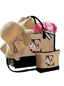 3 件套女士沙滩手提包，带肩带，配有女士沙滩帽和化妆包，字母 A-Z 沙滩配饰包，带侧袋的个性化礼品袋，带围巾的沙滩包，女士卡其色波浪沙滩太阳帽，适合春夏海滩度假和户外婚礼 - 卡其色 - 查看 18