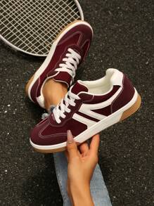 2025 Autumn Women's Color Block Patchwork Casual Sneakers, Fashionable And Versatile Flat Trainers, Suitable For Walking, Daily Commute Wear, Student Lace-Up Skate Shoes