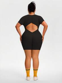 TCVC Plus Size Women's Seamless Fashionable Backless Short Sleeve Jumpsuit, Breathable & Comfortable Sleeveless Halter Neck Bodysuit, High Stretch Tight Tummy Control Slimming Fit, Knit Fabric Skin-Friendly Moisture-Wicking, European & American Street Style, Suitable For Outdoor Walking, Shopping, Travel, Work