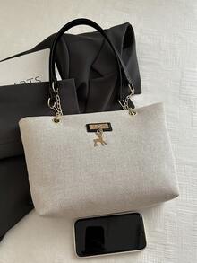 Large Capacity Handbag For Women, Chic Chain Shoulder Bag, New Fashion Underarm Bag, Retro Linen Tote Bag - Black - View 7