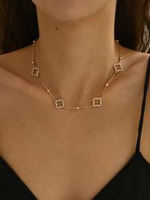1pc Cubic Zirconia Clover Decor Necklace, Fashionable Flour-Leaf Clover Pendant Beaded Chain Necklace, Stainless Steel Waterproof Jewelry For Women Dating Gift Or Daily Party Wear