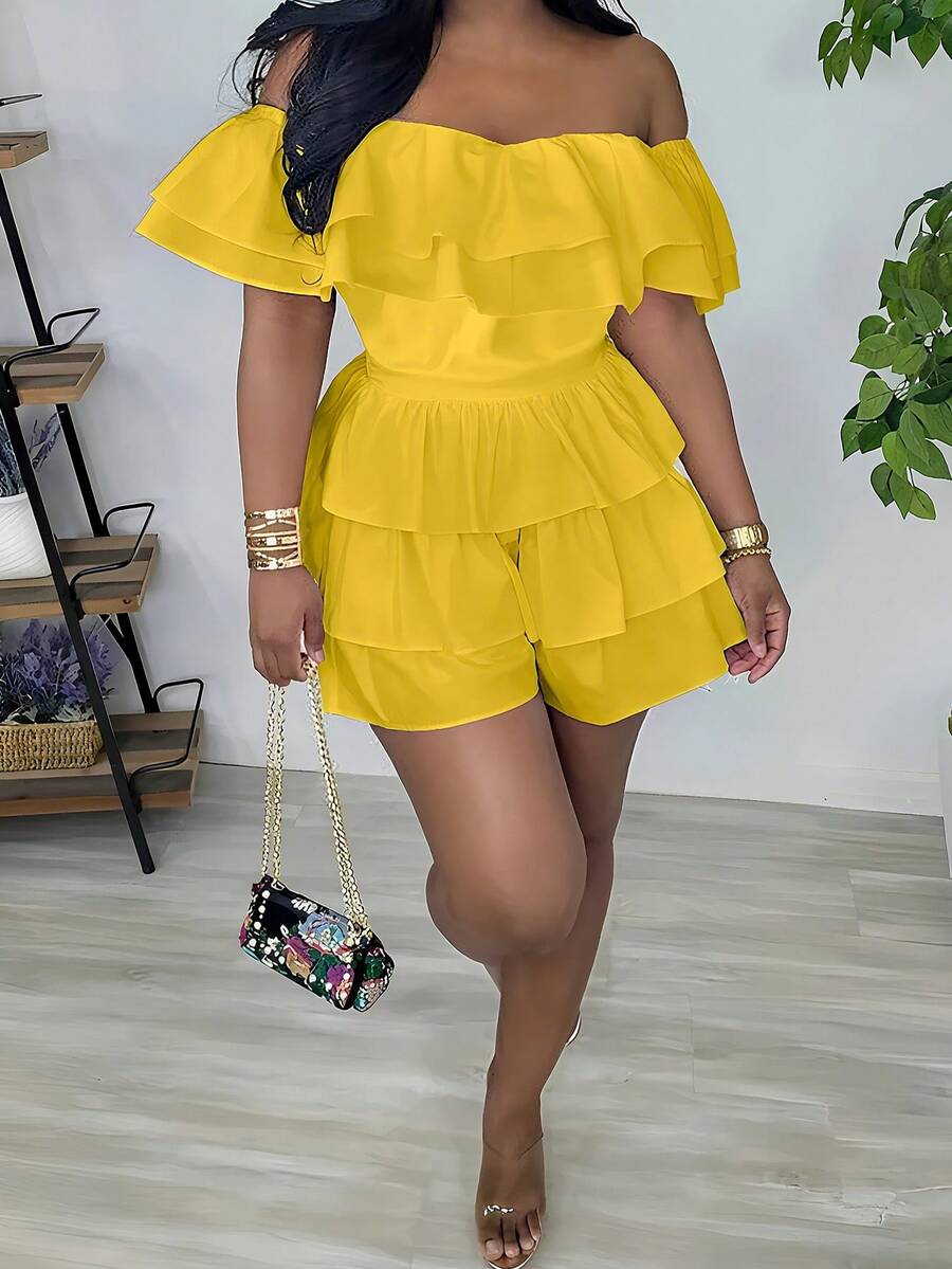 Women's Off Shoulder Jumpsuit Summer Ruffled Dress Short Sleeved Layered Jumpsuit - Yellow - View 1