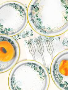 120pcs Eucalyptus Leaf Tableware Set Gift Pack: Paper Plate (350g Thick Paper), Tissues, Paper Cup, Fork, With Exquisite Design, Featuring Eucalyptus Leaf Green And Shiny Gold, And Vivid Eucalyptus Tree Patterns. The Green Round Paper Plate Will Add A Fresh Touch To Your Dining Table Setting. It Can Be Used By 24 People - Multicolor - View 6