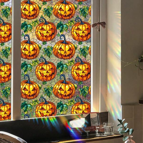 1 Pieza/2 Piezas Película de vidrio para decoración de ventanas de Halloween, Calabaza rosa innovadora y de moda, Material de PVC tipo de adsorción electrostática, Adecuado para puertas y ventanas de vidrio, Sombreado y protección solar, Película de color que refracta la luz de color bajo la iluminación, Decoración del hogar, Decoración de la casa, Película de decoración de puertas de vidrio interior, Decoración de ambiente de Halloween Decoración de otoño Decoración de otoño