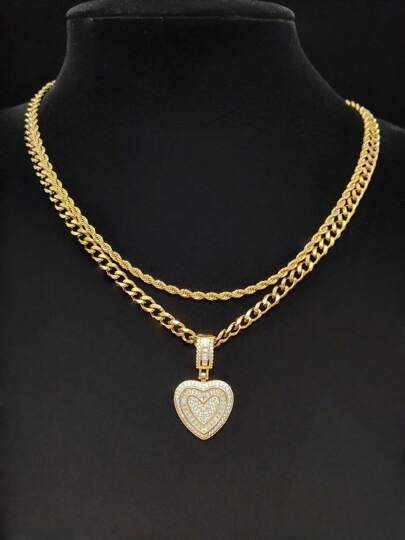 مجموعة مكونة من 2 قطع - 1 قلادة قلب من الزركونيا المكعبة و 2 قلادة من الفولاذ المقاوم للصدأ، قلادة قلب للنساء بطراز الهيب هوب، قلادة قلب عتيقة عصرية، مناسبة للارتداء اليومي أو الحفلات، هدية عيد الحب