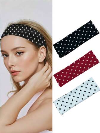 1pc/3pcs Women Elegant Sweet Polka Dot Print Elastic Fabric Dot Sports Headband, Suitable For Daily, Fitness, Running, Yoga, Sweat-Absorbent Hair Band Headscarf, Fashion Hair Accessory, Bohemian Style Headband, Elegant