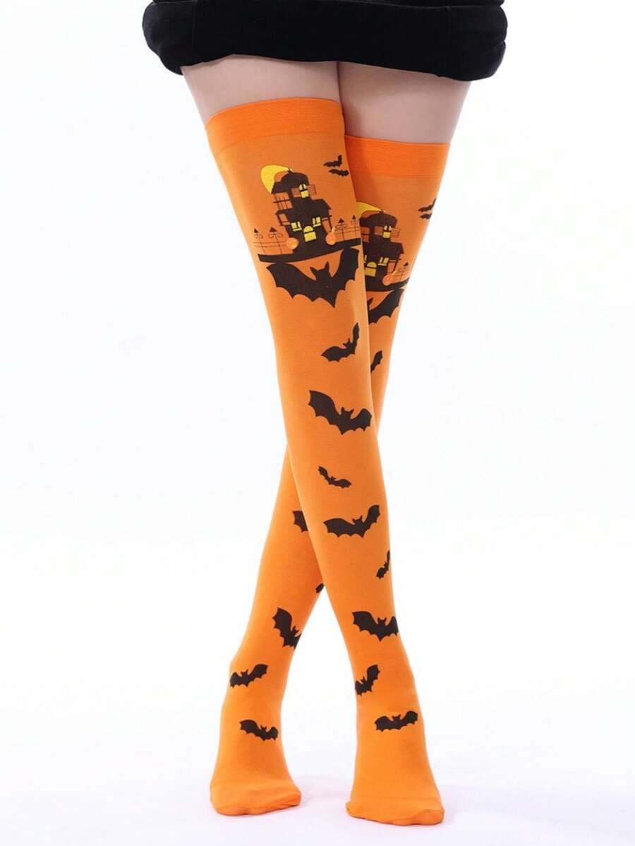 1 双万圣节派对过膝袜，女式大腿袜，带蝙蝠和幽灵印花
