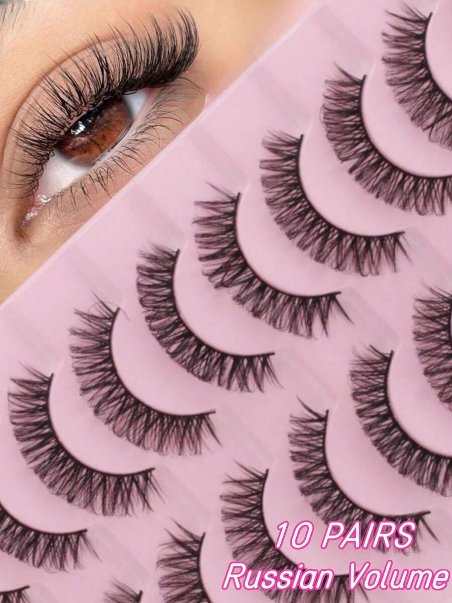 10 Pairs Russian Style False Eyelashes, D-Curl Thick & Fluffy Lashes For Daily & Party, Charming Eye Makeup, Travel Essential,Festival Lashes,Rave Makeup,Glitter Eyelashes,Rave Party Accessories - Multicolor - View 1