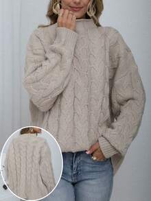 Plus Size Cable Knit Pullover Sweater, Dropped Shoulder Long Sleeve Crew Neck Warm Knitted Top Vacation - Khaki - View 1