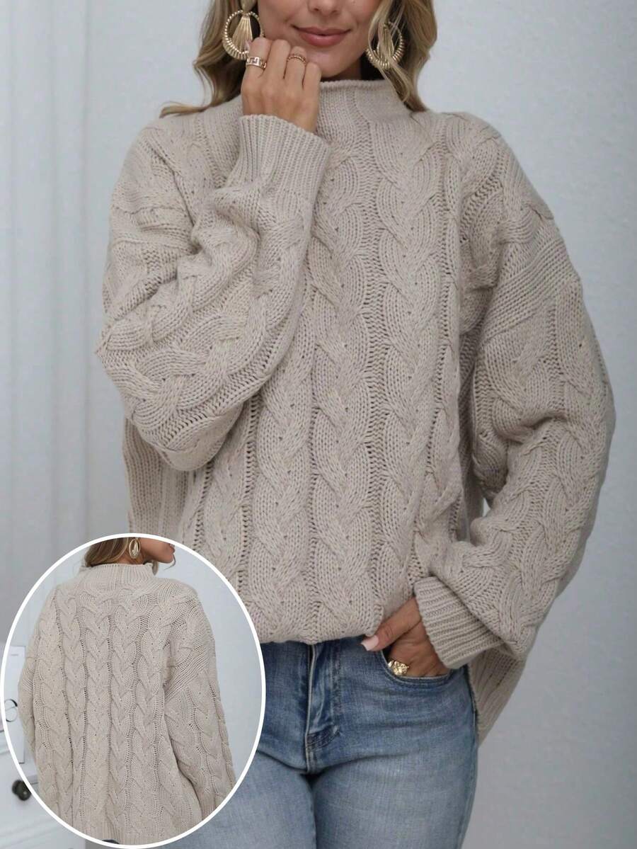 Plus Size Cable Knit Pullover Sweater, Dropped Shoulder Long Sleeve Crew Neck Warm Knitted Top Vacation - Khaki - View 1