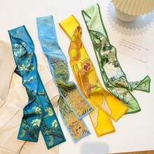 Hair Wrap Women Sweatband 2pcs Women's French Retro Oil Painting Series Floral Striped Printed Silk Scarf Headband Casual Elegant Daily Date Multi-Purpose Gift Dressing(Random Style) Hair Accessories Fashion Hair Band Autumn Accessories - Multicolor - View 1