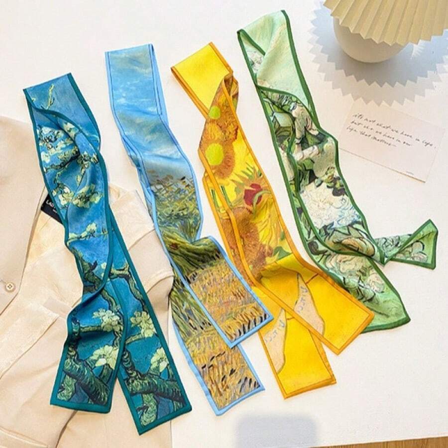 Hair Wrap Women Sweatband 2pcs Women's French Retro Oil Painting Series Floral Striped Printed Silk Scarf Headband Casual Elegant Daily Date Multi-Purpose Gift Dressing(Random Style) Hair Accessories Fashion Hair Band Autumn Accessories - Multicolor - View 1