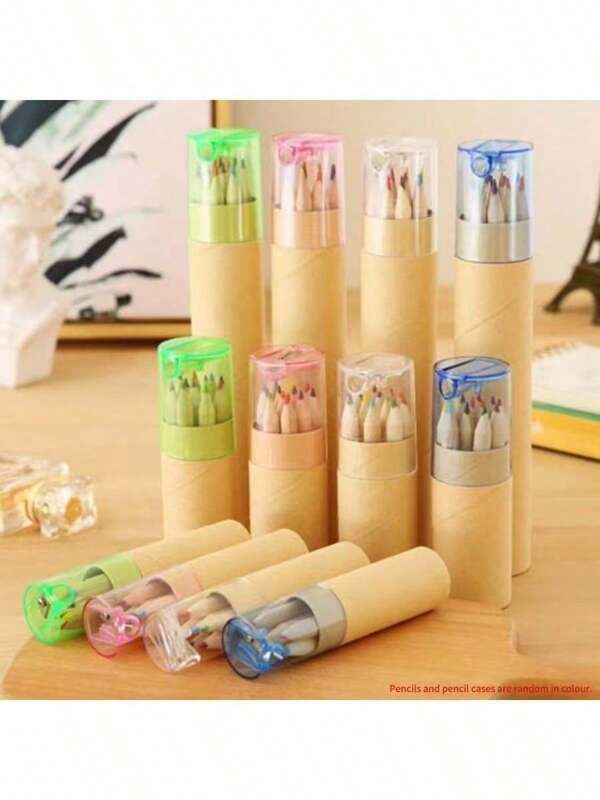 Conjunto de 12 lápis de cor criativos de madeira, adequados para desenho de estudantes, lápis de cor solúveis em água para colorir e rabiscar, cores aleatórias, inclui apontador, presente de formatura/volta às aulas, pequeno presente de Natal