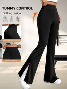 Women's Split-Leg Bell-Bottom Yoga Pants - High-Waisted Boot-Cut Yoga Bell-Bottom Pants - Solid Color Belly-Contracting Wide- Exercise Fitness Leggings, Elastic Polyester Fiber And Spandex Blend - Black - View 1