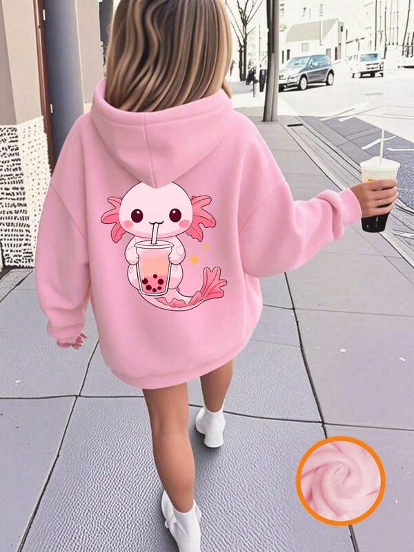 Tween Girl Graphic Print Fleece Lined Hoodie Sweatshirt, Warm And Comfortable For Autumn/Winter
