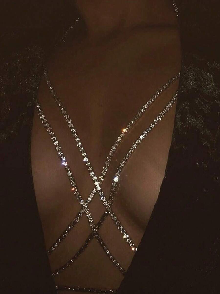 1 件经典胸罩链女式衬衫链身体饰品闪亮水钻派对性感夏日海滩饰品礼物 - 銀色 - 查看 1