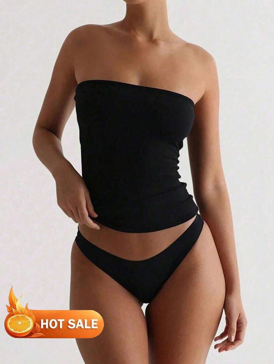 Sexy Strapless Basis Tank Top Fashion Solid Elastic Slim Fit Tube Top For Women Four Seasons Wear - Black - View 1