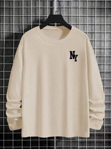 Men's Versatile Piece For Autumn | Apricot Round Neck New York Element Printed Long Sleeve T-Shirt, Suitable As A Gift For Husband, Boyfriend, Or Friend, Fall