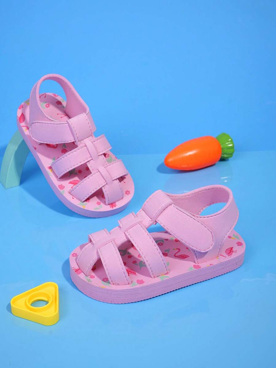 1 Pair Kids Girls Cute Foaming Slippers With Flamingo Pattern, Fashion Versatile For Daily Wear, Adjustable Magic Tape Closure, Lightweight Breathable Non-Slip Sandals - Pink - View 1