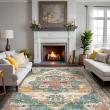 9x12 Area Rugs Living Room - Large Boho Stain-Resistant Rugs With Non-Slip Backing, Vintage Design Bedroom, Beige/Brown, Home Decor Floor - Green - View 1