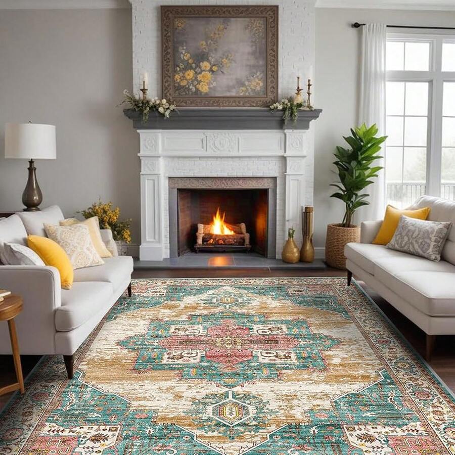 9x12 Area Rugs Living Room - Large Boho Stain-Resistant Rugs With Non-Slip Backing, Vintage Design Bedroom, Beige/Brown, Home Decor Floor - Green - View 1