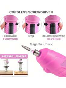 47件套粉色电动工具套装，适用于家庭维护和维修，包含锂电池迷你无绳螺丝刀、MQFORU无绳螺丝刀、47合1便携式无绳电钻、带双位置手柄、USB线和LED灯的可充电电动螺丝刀套装，适用于家庭办公室DIY工具。 - 彩色 - 查看 5