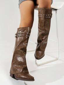 2025 秋冬西部风格尖头叠跟高筒靴女靴，复古长腿靴，牛仔靴 - 棕色 - 查看 4