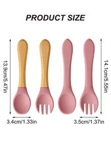 PopLittleOne 4 pezzi Cucchiai e forchette in silicone per bambini, utensili morbidi per bambini con manico in legno, accessori per l'alimentazione del bambino, articoli per bambini, accessori per l'alimentazione del bambino di colore solido