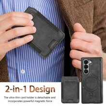 VIETAO Funda protectora de teléfono de piel sintética con ranura para 4 tarjetas desmontable magnética, compatible con Samsung Galaxy Z Fold 7 6 5 4 3, con protector de pantalla de vidrio templado y cubierta de teléfono chapada