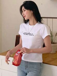 2026 Women's ClothesDAZY Women's Round Neck Printed T-Shirt With Slogan HAPPINESS IS THE BEST MAKE UP SummerLoose And Comfortablesummer Shirts - 黑色 - 查看 10