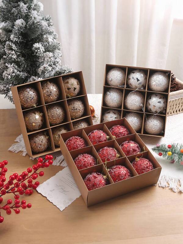 9PCS Sparkly Christmas Ornaments, Gold And Red Glitter Balls, Holiday Tree Decoration Packs