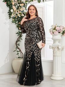 Đầm dạ hội dáng đuôi cá cỡ lớn thêu hoa đính sequin, đầm dài tay thanh lịch, thích hợp cho lễ tốt nghiệp, dạ tiệc, các buổi tiệc trong mọi mùa, màu đen xuân. - màu đen - Xem 6