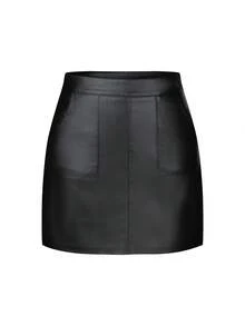 Giolshon 大码女式保暖 PU 皮革迷你裙 | 黑色优雅短款设计，松紧腰，秋冬春季时尚之选 - 黑色 - 查看 3