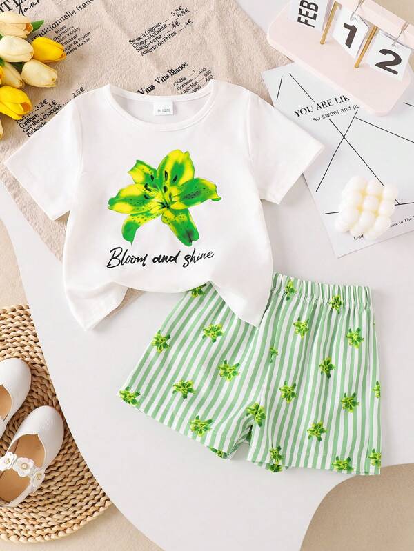 Conjunto de 2 piezas para niñas bebé con camiseta de manga corta con estampado de letras y flores, y pantalones cortos a rayas, para verano