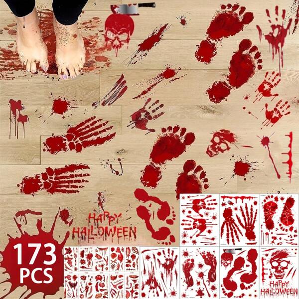 173PCS Halloween Bloody Footprints Floor Clings Plus Tattoos - Hallowmas Handprint Zombie Restroom Sign Decals Party Decorations