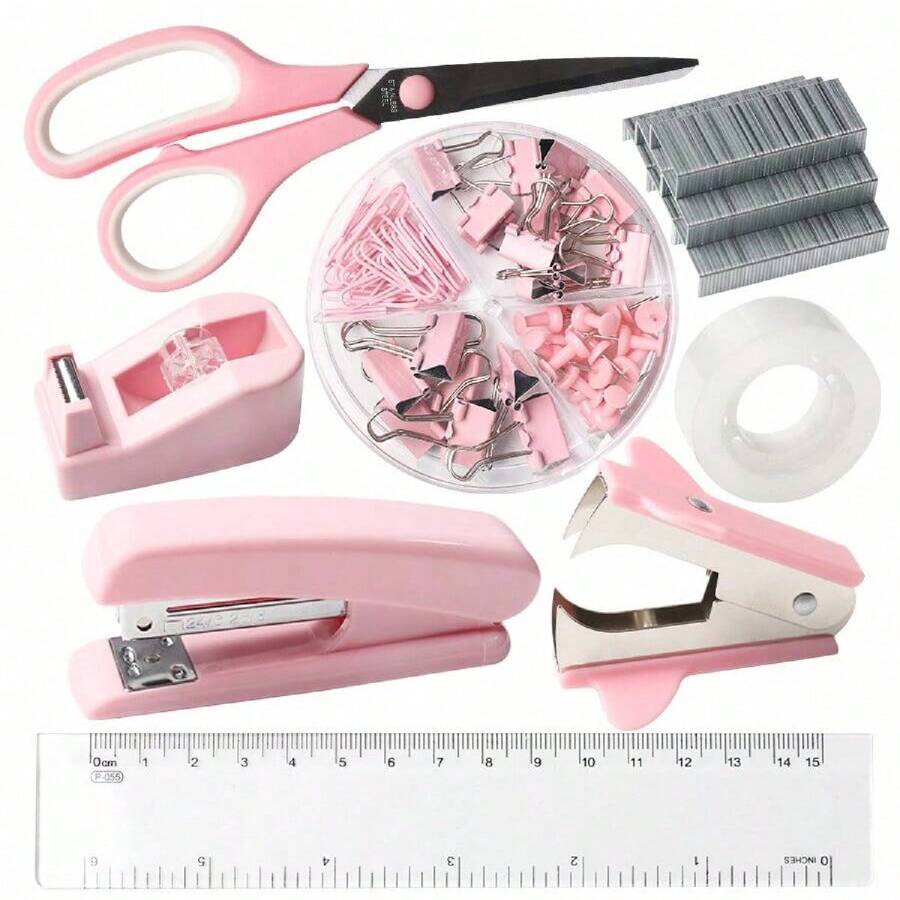 Juego de papelería rosa, accesorios de escritorio rosa, juego de grapadora y dispensador de cinta con regla transparente, tijeras rosas, dispensador de cinta, sacagrapas rosa, grapas, clips, útiles escolares y de oficina