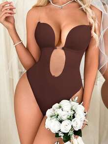 Backless Women Shapewear Bodysuit Built-In Bra U Plunge Tummy Control Shaper Thong Corset Lingerie Underwear Invisible Deep V Bras Under Wedding Dress - 巧克力棕 - 查看 5