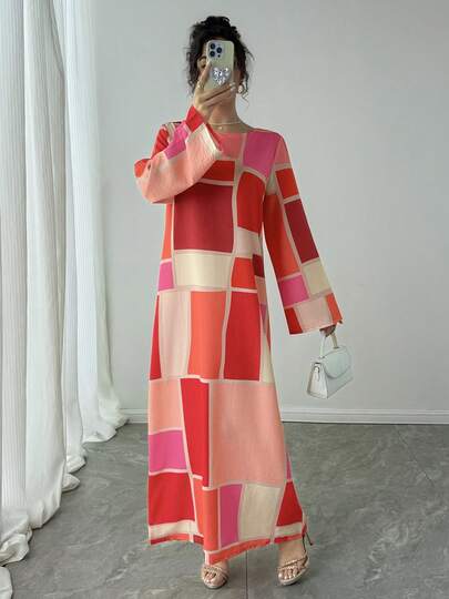 1pc Round Neck Color Block Plaid Print Long Sleeve Flare Sleeve Straight Long Casual Dress, Elegant Arabic Style Maxi Dress, Luxury Party/Festival Gown