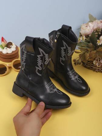 1 Pair Children's Fashion Casual Cowboy Boots, Children's Autumn/Winter Embroidered Mid-Calf Retro Boots, Children's V-Cut Thick Leg Short Boots