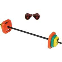 Juego de pesas con barra larga y discos, juego para desarrollo muscular con 8 discos de colores, 1 barra de acero, 2 seguros de seguridad