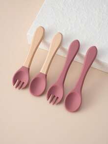 PopLittleOne 4 pezzi Cucchiai e forchette in silicone per bambini, utensili morbidi per bambini con manico in legno, accessori per l'alimentazione del bambino, articoli per bambini, accessori per l'alimentazione del bambino di colore solido