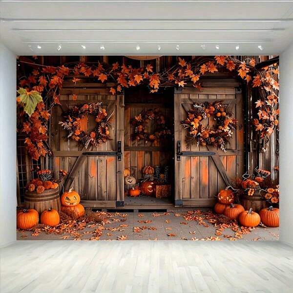 Toile de fond de Thanksgiving avec citrouille en polyester et feuille d'érable, décoration suspendue universelle pour les fêtes, sans électricité nécessaire - Porte en bois de fête avec impression de feuilles d'automne, convient pour la décoration intérieure et extérieure