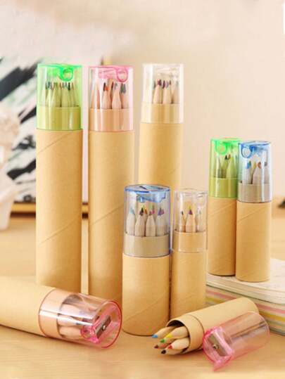 Set van 12 kleurpotloden met puntenslijper, buisvormige kleurpotloden van natuurlijk hout, ideaal voor tekenen, schetsen, wateroplosbare kleur- en tekenpotloden en cadeau-/incentivedoeleinden, willekeurige kleur voor het nieuwe schooljaar