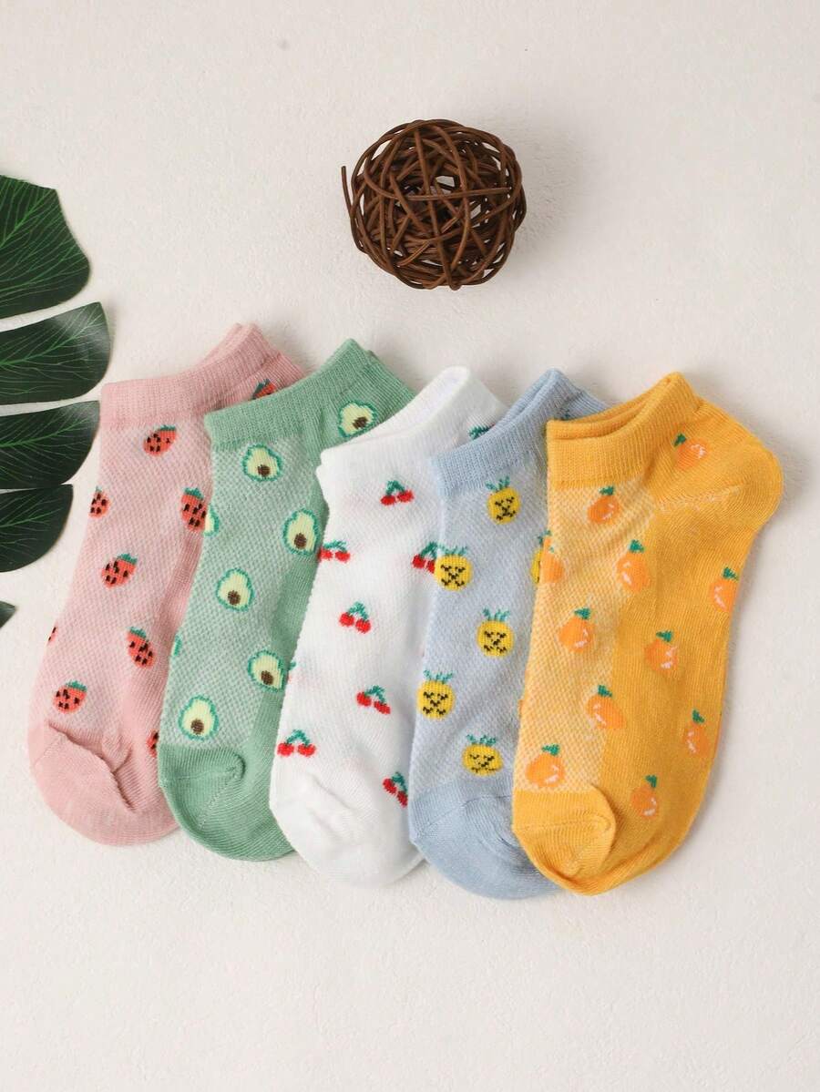 5雙女士櫻桃圖案時尚短襪適用於日常 - 彩色 - 查看 1