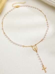 1pc Retro Alloy Cross Pendant, Faux Pearl String, Y-Shaped Chain, Adjustable Ladies' Necklace - Gold - View 3