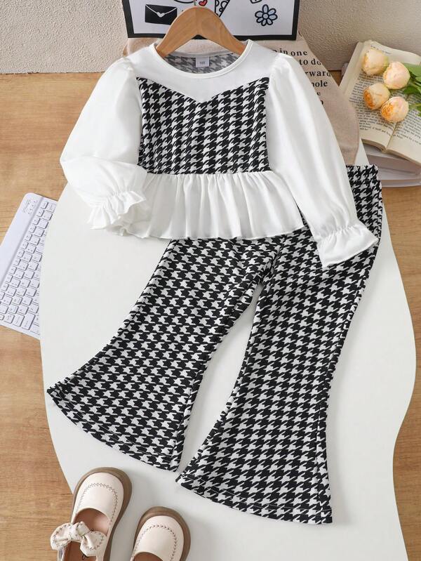 2pcs Girls Casual Outfit, Patchwork Houndstooth Pattern Ruffle Trim Long Sleeve Top + Houndstooth Flare Pants