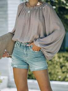Damen Sommer einfarbige zerrissene Taschen Knopf Jeans Shorts, lässige zerrissene Jeans Shorts mit Taschen und Reißverschluss, mittlere Dehnung, gerades Bein, geeignet für den täglichen Gebrauch - Smaragdgrün - Übersicht 3