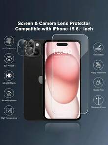 Juego de 4 en 1 - 2 protectores de pantalla de vidrio templado 9H + 2 protectores de lente de cámara, anti-arañazos, alta definición, cobertura completa, compatible con iPhone 16 Pro Max/16/16 Pro/16 Plus/15 Pro Max/15 Pro/15 Plus/15/14 Pro Max/14 Pro/14 Plus/14/13/12/11 Pro Max, protección diaria esencial, accesorio de oficina y hogar, a prueba de agua, a prueba de golpes, anti-caída, anti-huellas - transparente - Ver 5